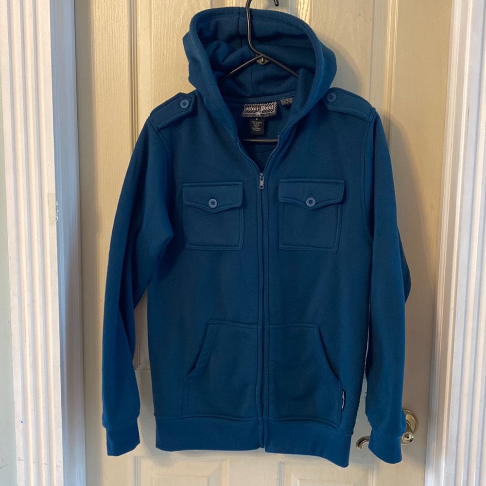 Silver Point men size Large teal, military- style, hooded, zippered sweatshirt